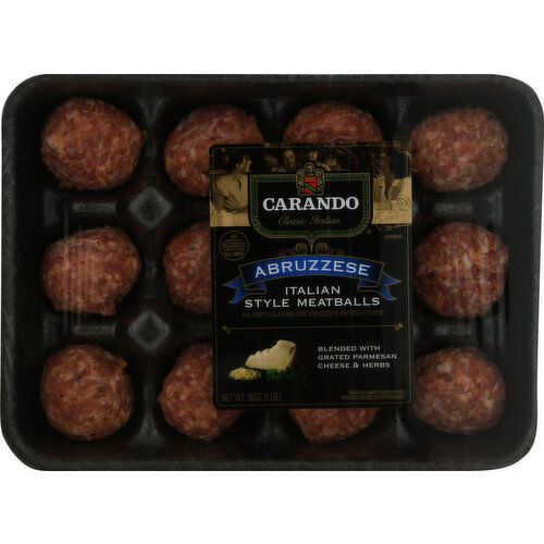 Gluten free. Classic Italian. BHA, propyl gallate and citric acid added to help protect flavor. Blended with grated parmesan cheese & herbs. Step up spaghetti & meatballs night with these flavorfully robust, authentic Italian Style meatballs. Perfect for meatball subs; just bake, stir with marinara sauce, and place on hearty Italian rolls. However you choose to serve them. Abruzzese Italian Style Meatballs will deliver Old World flavors in Classic Italian style. No MSG. No fillers. U.S. inspected and passed by Department of Agriculture. www.carando.com. Questions or comments? Save this package and call 1-855-411-7675. For recipes, visit www.carando.com.