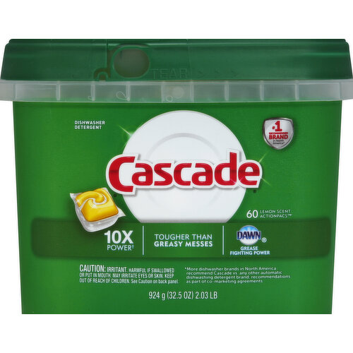 10X power (Compare Cascade’s product power). Tougher than greasy messes. Dawn grease fighting power. Cascade No. 1 recommended brand in North America (More dishwasher brands in North America recommend Cascade vs. any other automatic dishwashing detergent brand; recommendations as part of co-marketing agreements). Dependable Cascade clean with the grease fighting power of Dawn. Phosphate free. Toughness Comparison: Compare Cascade’s Product Power: Action Pacs 10X: Good overall cleaning power; Good - Best of powder & gel; Good grease fighting Power of Dawn; Powers away tea stains good; Powers away residues good; Good brilliant shine; Good glass protection; Good quick dissolving; Good - No pre-wash needed; Good easy dosing. KitchenAid. Maytag. Whirlpool. GE Appliances. Samsung. Safe for septic tanks. Questions? 1-800-765-5516. www.cascadeclean.com. Good Housekeeping: Since 1909. Quality tested. Limited warranty. ghseal.com for details.
