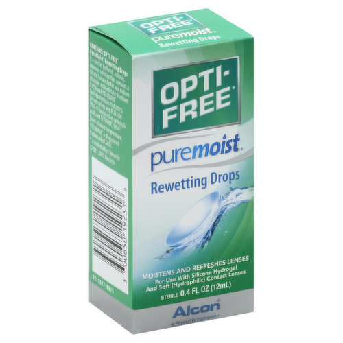 Moisten and refreshes lenses. For use with silicone hydrogel and soft (hydrochloric) contact lenses. Opti-Free PureMoist Rewetting drops moisten and refreshes your lenses for greater wearing comfort. it also helps remove particulate material that may cause minor irritation, discomfort, dryness, blurring and itchiness while wearing your lenses. Only Opti-Free PureMoist Rewetting drops contains patented RLM-100, which helps prevent protein deposit buildup on soft (hydrophilic) lenses while you wear them, when used as directed. Works during lens wear. To moisturize your eyes and lenses. For use with silicone hydrogel and soft )hydrophilic) contact lenses. Questions or comments? Call us. 1-800-757-9195. www.opti-free.com.