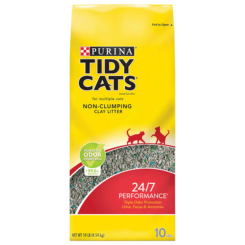 Spend more quality time with your cats and less time around their litter boxes with Purina Tidy Cats 24/7 Performance non-clumping cat litter. The extended-release deodorizing system works to keep unpleasant odors at bay near your cats' litter boxes, and the triple odor protection technology keeps your home smelling fresh and clean. This non-clumping kitty litter formula absorbs moisture to keep your cats dry and comfortable, so they are more willing to use their litter boxes each day. With no clumping, this cat litter makes cleaning each litter box quick and simple. This litter is formulated for multiple cat households, and it delivers long-lasting litter odor control so you can change your litter tomorrow (or the next day) while still keeping odors under control. Fill each cats' litter box with this Tidy formula, and let them know you care about their personal care and happiness.