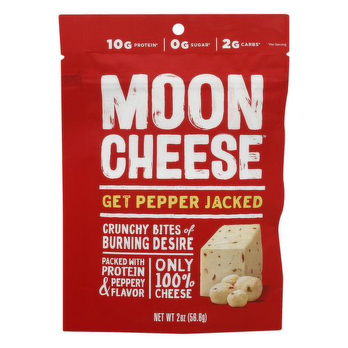 10 g protein (per serving). 0 g sugar (per serving). 2 g carbs (per serving). 30% DV calcium (per serving). Gluten-free. Beyond Celiac Gluten-Free: Gluten-free certification program. www.gf-cert.org (Trademark of the National Foundation for Celiac Awareness. Used under license). Crunchy bites of burning desire. Packed with protein & peppery flavor. Only 100% cheese. Spice up your snack routine. Zesty, feisty, and full of flavor, these crunchy cheese bites are ready to tango with your taste buds. The question is, are you ready for a delicious dance? mooncheese.com. Contact: info(at)mooncheese.com.
