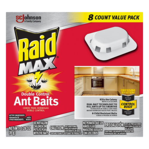 A family company. Kills the colony. Dual bait technology to kill ants up to 3 months. 8 child resistant baits. Defense System: Attack bugs; Control bugs; Prevent bugs. A family company since 1886. - Fisk Johnson. Defense System: Helps you work smarter, not harder, to fight bugs. Use this Product to: Kill Bugs at the Source: Control Bugs: Use indoors in corners, along walls and near entry points to kill ants where they hide. For maximum effectiveness, place all baits at the same time. Avoid placing baits directly on top of surfaces treated with a Raid spray product to make sure ants can bring the bait back to where they hide. Use Other Raid Products to: Attack Bugs: Kill Bugs on Contact: Use a Raid Ant Killer or Raid Ant & Roach Killer spray product to kill ants on contact. Avoid spraying near baits to make sure ants can bring the bait back to where they hide. Read the label to find the right product for your bug problem. Prevent Bugs: Keep Bugs Out: Use a Raid Max Bug Barrier product to keep ants out. Read the label to find the right product for your bug problem. Kills ants. For Household Use: closets; basements; attics; recreation rooms; living areas; kitchens; bathrooms; dining rooms; pantries; food storage shelving; waste receptacles; etc. Ants are attracted to the bait in Raid Max Double Control Ant Baits. The food is carried back to the nest - to destroy the entire colony. www.raid.com. Visit www.raid.com to identify your bug and best treatment plan. Questions? Comments? Call 800-558-5252 or write Helen Johnson.