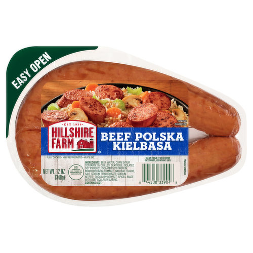 Hillshire Farm Beef Polska Kielbasa Smoked Sausage is the delicious answer to weeknight dinners. This Polska Kielbasa sausage is handcrafted with natural spices and only our finest cuts of meat. Fully cooked and ready in minutes, Hillshire Farm smoked sausage delivers farmhouse quality with rich, bold flavor. Keep Hillshire Farm sausage refrigerated to preserve freshness.