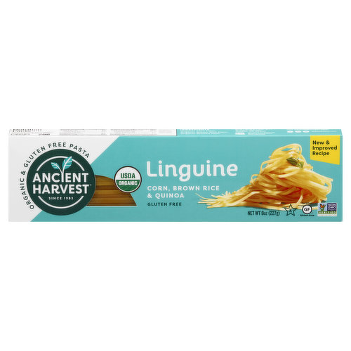 Organic & gluten free pasta. Corn, brown rice & quinoa. USDA Organic. Certified Organic by Quality Assurance International. Certified Gluten-free. Non GMO Project Verified. nongmoproject.org. Since 1983. New & improved recipe. Modern food from ancient fields. In our kitchen, ancient never gets old. Our product take time-tested, plant-based, nutrient-dense ingredients and turn them into delicious, real foods that are ready for real life. How's that for teaching ancient foods new tricks? This pasta made from organic corn, brown rice, and quinoa is 100% compromise free. We turned, spiraled, and spaghetti'd our way to a gluten-free pasta with great 1 taste and texture without a forkful of sacrifice. ancientharvest.com. Facebook. Instagram. Twitter. (at)ancientharvest. For recipes and more, visit ancientharvest.com.