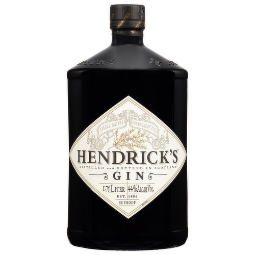 Distilled from grain. Small batch handcrafted. Est. 1886. Distilled and bottled in Scotland. This handcrafted gin is distilled from a proprietary recipe which includes traditional botanicals such as juniper, coriander and citrus peel the unexpected infusion of cucumber and rose. Petals result in a most iconoclastic gin. It is not for everyone. Please enjoy the unusual responsibly. www.hendricksgin.com. 44% alc. by vol. 88 Distilled and Bottled in Scotland.