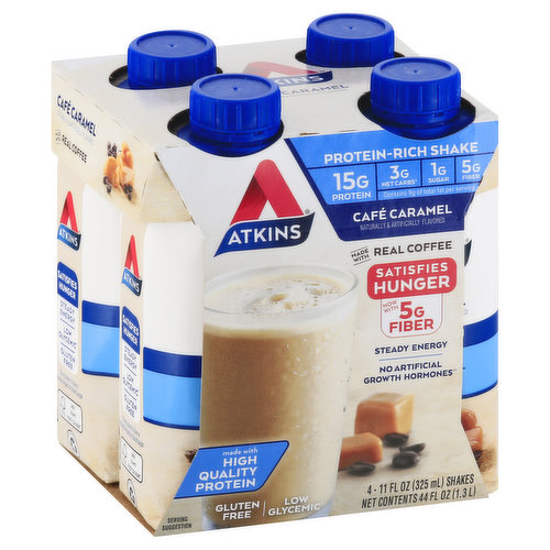 Atkins™ Café Caramel flavored Iced Coffee Protein Shakes are low sugar*, low carb* and bring together the indulgent taste of caramel flavor and the enlivening kick of a cup of coffee in a delicious protein shake. There’s nothing quite like a gluten free, low glycemic protein shake with the great taste of caramel and the caffeine* of a cup of coffee to get you going, with 15g of protein, 3g of net carbs, and 1g of sugar per serving*. They’re also keto friendly*, a good source of fiber* and contain no artificial growth hormones.