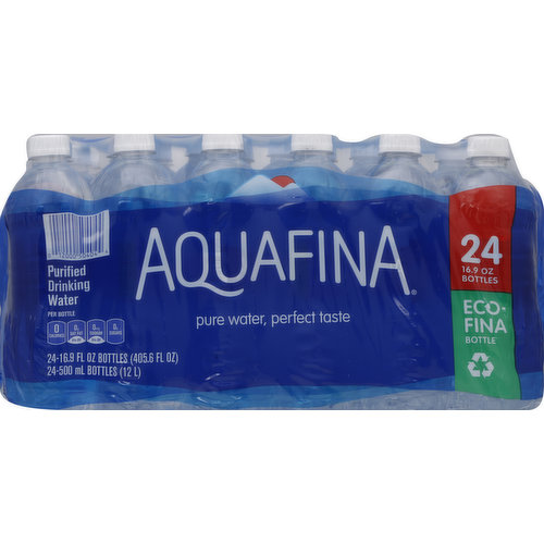 Drink up. Pure water, perfect taste. Per Bottle: 0 calories; 0 g sat fat (0% DV); 0 mg sodium (0% DV); 0 g sugars. Super Bowl LI: Official water sponsor for Super Bowl LI. Sodium free. See unit for manufacturer's identity. For product questions, water quality and information, call 800-433-2652 or visit Aquafina.com. HydRO-7: Purified by reverse osmosis.