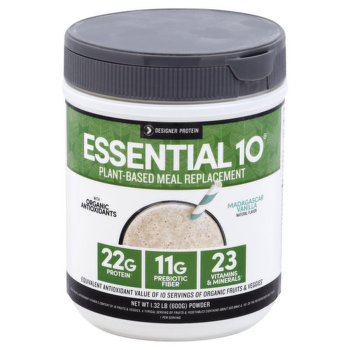 Natural flavor. With organic antioxidants. 22 g complete protein (per serving). 10 g prebiotic fiber (per serving). 23 vitamins & minerals (per serving). Equivalent antioxidant value of 10 servings of fruits & veggies (Orac value & antioxidant vitamin C content of 10 fruits & veggies. A typical serving of fruits and vegetables contains about 500 orac and 16% of the recommended daily value). Non GMO. Certified vegan. vegan.org. Certified gluten-free. Soy free. Certified kosher. Since 1933. Quick & Easy Protein-Rich Meal Replacement: Designer Protein is a leader in high quality nutrition products. Our range includes proteins & superfoods designed for fitness, performance, weight management & overall wellness. 22 g natural non-GMO, plant protein with no dairy, soy or eggs, satisfy hunger & supports body tone. 3 g of healthy, vegetable-based fats help support LDL cholesterol levels. 15 g of net carbs & only 3 g or sugar provide a steady flow of energy. Organic polyphenols & antioxidant value of id servings of organic fruits & veggies help support immune health. 23 vitamins & minerals contribute to vitality & energy metabolism with no artificial sweeteners, flavors, colors or preservatives. 11 g of prebiotic fiber, probiotics & digestive enzymes satiate hunger & help support digestive health. This product is packed by weight and not by volume. Some settling may have occurred during transportation. Satisfaction Guaranteed: We stand by our product 100%. If you're not satisfied in any way, please contact Designer Protein. Questions or Comments: 1-800-337-4463. Go to DesignerProtein.com. For more great products, recipes & workout tips. (hashtag)essential10. Recyclable. Made in USA.