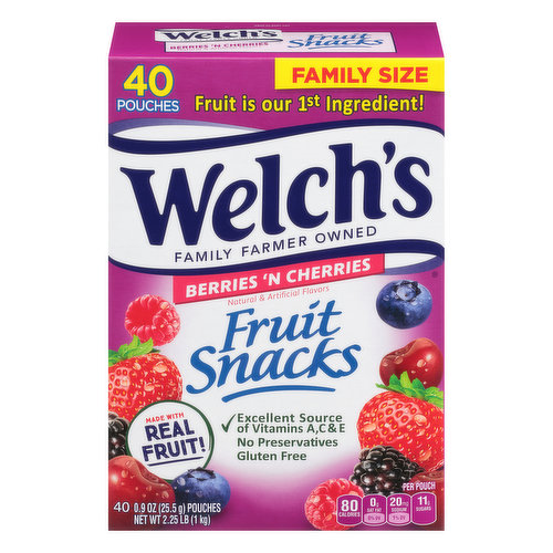 Natural & artificial flavors. Per Pouch: 80 calories; 0 g sat fat (0% DV); 20 mg sodium (1% DV); 11 g sugars. 80 calorie pouches. Gluten free. Fat free. Excellent source of vitamins A, C & E. Fruit is our 1st ingredient! Family farmer owned. Made with real fruit! At Welch's, we put the fruit in fruit snacks. We make the brands you love. These fruit snacks are not intended to replace fresh fruit in the diet. No preservatives. Preservative free. www.welchsfruitsnacks.com. Comments or questions? Call 1-800-340-6870 weekdays 9 am - 4 pm EST; www.welchsfruitsnacks.com. 100% recycled paperboard. Please recycle this box.