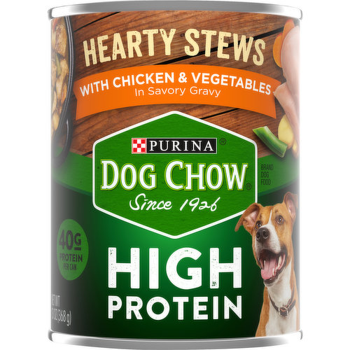 Calorie Content (calculated)(ME): 943 kcal/kg, 347 kcal/can Dog Chow High Protein Hearty Stews with Chicken & Vegetable in savory gravy is formulated to meet the nutritional levels established by the AAFCO dog food nutrient profiles for maintenance of adult dogs. Hearty stews with chicken & vegetables in savory gravy. Accented with a blend of carrots, green beans, and potatoes. No artificial flavors or preservatives. 40 g protein per can. Since 1926. Every ingredient has a purpose. Feed dog chow for your canned and dry needs. DogChow.com/ingredients. Purina.com. how2recycle.info. Crafted in USA facilities.