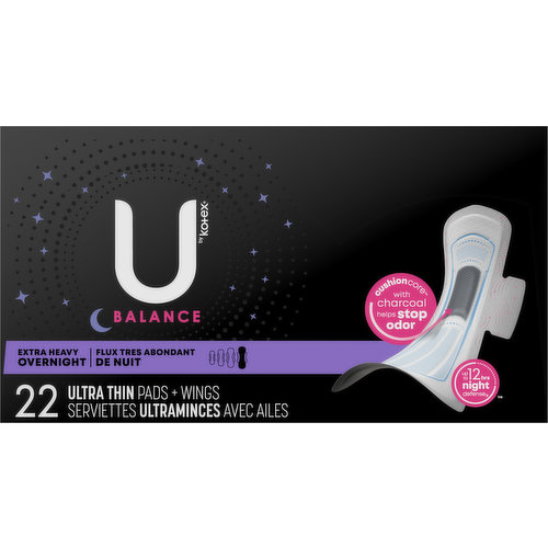 U by Kotex Balance Ultra Thin Overnight Pads with Wings - Teens/12 Count