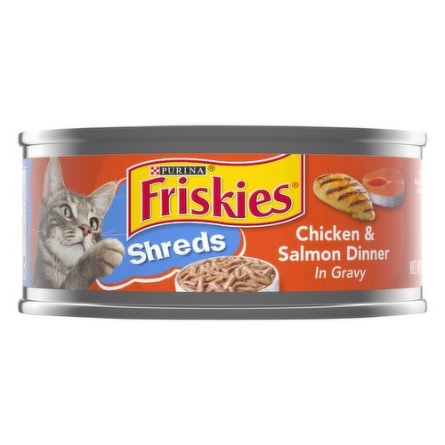 Friskies Cat Food, Salmon & Chicken Dinner in Gravy, Shreds