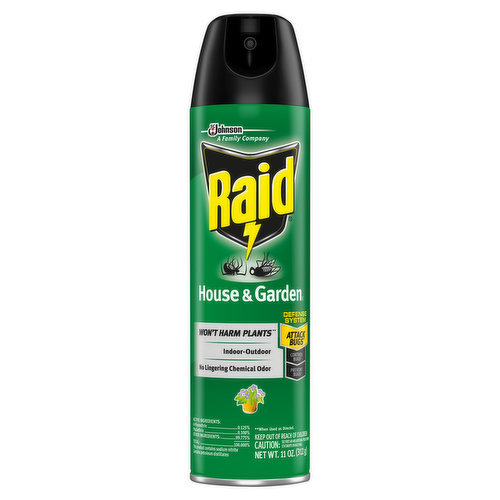 Won't harm plants (When used as directed). Indoor-outdoor. No lingering chemical odor. Defense System: Attack bugs (Use indoors or outdoors to kill ants, roaches, spiders, flies and other listed bugs on contact. Won't damage house plants or garden plants when used as directed. Avoid spraying near baits to make sure bugs can bring the bait back to where they hide). Control bugs (Use a Raid Roach Bait product to kill roaches, where they hide. For heavy infestations, first use a Raid Fogger or Fumigator product and then place baits to provide ongoing control. Read the label to find the right product for your bug problem). Prevent bugs (Use a Raid Max Bug Barriers product to keep ants, roaches, spiders and other listed bugs out. Read the label to find the right product for your bug problem). A family company since 1886. From Johnson. Defense System: Helps you work smarter, not harder, to fight bugs. Use This Product To: Kill bugs on contact. Use Other Raid Products To: Kill bugs at the source. Keep bugs out. Kills: Spiders. Flies. Mosquitoes. Asian Lady Beetles. www.raidkillsbugs.com. raid.com. Visit www.raidkillsbugs.com to identify your bug and best treatment plan. Questions? Comments? Call 800-558-5252 or write Helen Johnson. Federal regulations prohibit CFC propellants in aerosols. Contains no CFCs or other depleting substances.