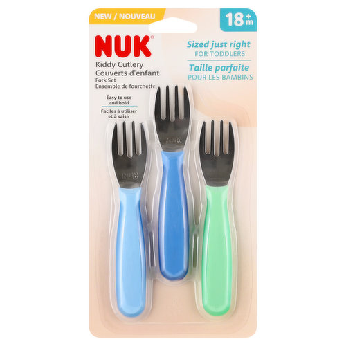 New. Sized just right. For toddlers. Includes 3 forks: Ideal size and shape for toddlers - easy to use and hold. Handle designed to keep tip off table and away from germs. Easy to use and hold. Dishwasher safe. nuk.com. nuk-canada.ca. how2recycle.info. BPA free. Made in China.