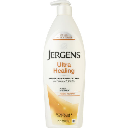 With vitamin C, E & B5. New look, same great formula! Repairs & heals extra dry skin. 48 hour moisturizer. Repairs. Nourishes. Jergens Ultra Healing Moisturizer helps you reveal deeply luminous, visibly healthier skin. This unique formula contains an illuminating Hydralucence blend, as well as enriching Vitamins C, E & B5. Penetrates through 5 layers of the skin's surface to repair, heal and deeply nourish extra dry skin. Hydration you can see & feel for 48 hours. Jergens Moisturizers are created to make a beautiful difference for your skin - a difference you can actually see, feel and experience. Only our formulas are made with an illuminating Hydralucence blend. Restore your skin's deep luminosity to reveal skin that's never looked so beautiful. Dermatologist tested. www.jergens.com. how2recycle.info. Questions or comments? Jergens Skincare Experts are always at your fingertips: www.jergens.com or call 1-800-742-8798. Made in USA of US & imported ingredients.