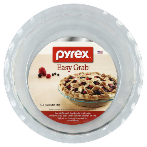 9.5 in x 1.6 in (24 cm x 4 cm). Oven safe glass with fluted edge for easy crimping. Limited two-year warranty. For more information, visit www.pyrexware.com or call 1-800-999-3436. Freezer safe. Oven & microwave safe container. Easy clean-up. Top rack dishwasher safe. Reusable Glassware BPA Free: Longer lasting than disposable foil & plastic. pyrexware.com. Made in the USA.