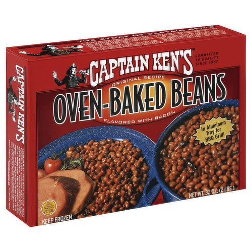 Flavored with bacon. Committed to quality since 1967. In aluminum tray for BBQ grill! US inspected and passed by Department of Agriculture. The story of Captain Ken's. Great foods sometimes originate in unlikely places. In fact, Fire Captain Ken Freiberg developed his unique Firehouse Baked Beans (later renamed Original Recipe Oven-Baked Beans) while on duty at Firehouse Number 14 in Saint Paul, Minnesota. Today, his famous recipe of the very finest navy beans, real bacon, imported molasses, rich brown sugar, and a select blend of spices is still oven-baked long hours in oven kettles. This homemade flavor is locked in with a unique freezing process, producing a hearty taste not found in any canned baked bean. Delicious homemade flavor! Prepared with only the best ingredients, these beans are cooked using a slow oven-baked process that has made Captain Ken's baked beans famous for over 40 years! Fully cooked. Just heat and eat! www.captainkens.com.