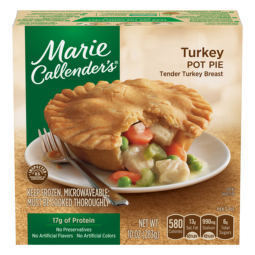 Tender turkey breast. No artificial flavors. 17 of protein. Per 1 Pie: 580 calories; 13 g sat fat (65% DV); 990 mg sodium (43% DV); 6 g total sugars. No preservatives. No artificial colors. Golden flaky crust. Made from scratch. Made from scratch gravy. Made with premium turkey breast. Warm, hearty  & delicious. Comfort food meals you know and low - ready when you need them! Inspected for wholesomeness by US Department of Agriculture. how2recycle.info. www.mariecallenedersmeals.com. SmartLabel: Scan for more food information. Questions or comments, viist us at www.mariecallendersmeals.com or call Mon.-Fri.,, 1-800-595-7010 (except national holidays). Please have entire package available when you call so we may gather information off the label. USA