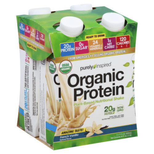 Natural flavor. 20 g protein. 0 g sugar (Not a low-calorie food). 24 vitamins + minerals. 1 net carbs (Not a low-calorie food). 130 calories. USDA Organic. Certified organic by QAI. 20 g Plant-Based Protein: Clean, plant-based protein from organic pea and organic brown rice. Non GMO. Dairy free. Soy free. Gluten free, Cholesterol free. No artificial colors, flavors or sweeteners. Read to drink. From America's number 1 selling organic protein. Amazing taste! Organic Nutrition on the Go: Premium plant-based protein shake made with wholesome organic ingredients, providing essential building blocks to fuel you throughout the day. Organic Matters: Farmed without the use of unapproved synthetic pesticides and fertilizers. Not for individual sale. Notice: Use this product as a food supplement only. Do not use for weight reduction. Also Available: Organic Protein Powders: Chocolate; Vanilla. www.pureinspired.com. Facebook: Like us on Facebook. Instagram: PurelyInspiredNutrition. Made in the USA from domestic and international ingredients.