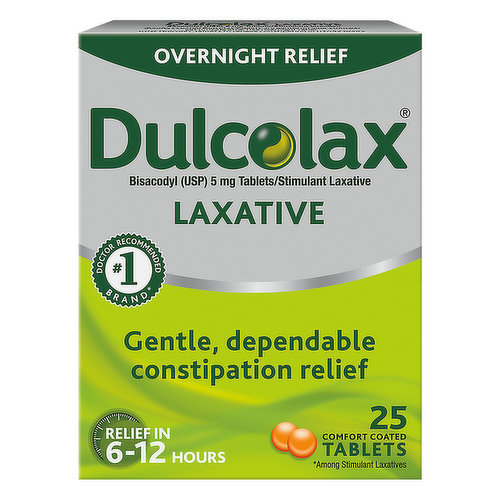 Other Information: Do not use if individual blister unit is open or torn. Protect from excessive humidity. Bisacodyl (USP) 5 mg tablets/stimulant laxative. No. 1 doctor recommended brand (Among stimulant laxatives). Gentle, dependable relief. Relief in 6-12 hours. Dulcolax Tablets are convenient to use overnight, or whenever you need effective relief from constipation. Dulcolax does not supply store brands. Comfort coated Dulcolax tablets are gentle on your stomach yet provide effective overnight relief. Trust Dulcolax tablets to relieve constipation in 6 to 12 hours. www.Dulcolax.com. Question? Call 1-866-844-2798 or visit www.dulcolax.com.