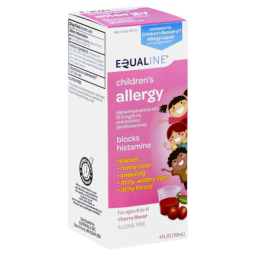 Other Information: Each Teaspoon Contains: sodium 15 mg. Store at 68-77 degrees F (20-25 degrees C).  Misc: Diphenhydramine HCl (12.5 mg/5 ml). Oral solution (antihistamine). Blocks histamine. Relieves: runny nose; sneezing; itchy, watery eyes; itchy throat. Alcohol free. Compare to Children's Benadryl Allergy Liquid active ingredient (This product is not manufactured or distributed by McNeil Consumer Healthcare, distributor of Children's Benadryl Allergy Liquid.). Questions or comments? 1-877-932-7948. Gluten free. Supervalu Quality Guaranteed: We're committed to your satisfaction and guarantee the quality of this product. Contact us at 1-877-932-7948, or www.supervalu-ourownbrands.com. Please have package available.