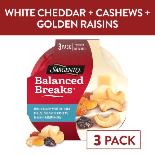 SARGENTO Balanced Breaks® Natural Sharp White Cheddar Cheese, Sea-Salted Roasted Cashews and Golden Raisin Medley, 3-Pack