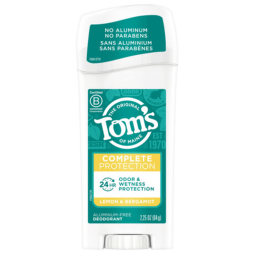 Tom's of Maine Deodorant, Aluminum Free, Lemon & Bergamot, Complete Protection