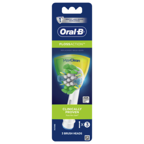 No. 1 dentist used brand worldwide. Clinically proven floss-like clean (does not replace flossing). Interchangeable brush head fits most Oral-B toothbrushes. Does not fit:  IO rechargeable. 3d white battery. Complete battery. Gum care battery. 1) floss-like clean (does not replace flossing) for healthier gums. 2) MaxClean bristle technology signals when to change to maximize your clean. Green bristles turn yellow when it's time to replace brush head.