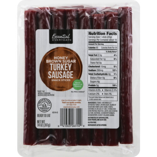 Gluten free. Good source of Protein. No MSG added (except that naturally occurring in hydrolyzed corn protein). Ready to eat. Like it or let us make it right. That's our quality promise. Inspected for wholesomeness by US Department of Agriculture. essentialeveryday.com.