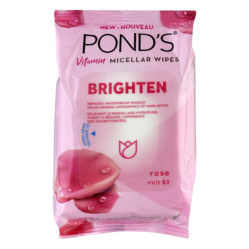6 inch x 7.3 inch (15.2 cm x 18.5 cm). Pre-moistened facial wipes. New. Removes waterproof makeup. Helps diminish appearance of dark spots. Easy to use. No need to rinse. Suitable for all skin types. The all-in-1 makeup removing and cleansing power of micellar water in the convenience of a skin brightening facial wipe. Made with Rose and Vitamin B3, these ultra soft, textured cleansing wipes work with micelles to instantly lift away tough makeup, dirt, and impurities, leaving skin soft and visibly brighter. No harsh rubbing or rinsing needed. Free from drying alcohol. No added parabens or dyes. www.ponds.com. how2recycle.info. SmartLabel: App enabled/active. Questions or Comments? Visit us at www.ponds.com. Call 1-800-909-9493.