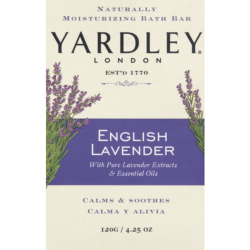 Naturally moisturizing bath bar. With pure lavender extracts & essential oils. Est. 1770. Calms & soothes. All Yardley naturally moisturizing bath bars are paraben free & sodium lauryl sulfate free. 100% recyclable packaging. Not tested on animals. If you have questions or comments, please call toll-free 1-877-995-5405. www.YardleyLondon.com. Since 1770, the House of Yardley London has created fine luxury soaps worthy of royalty, Today, the tradition continues with Yardley's English Lavender Naturally Moisturizing Bath Bar. Capture the calming and soothing properties of pure Lavender. Breathe in lavender essential oils as part of your daily routine or special night time bathing ritual. While gently cleansing, this timeless favorite melts away symptoms of stress to make bath time a tranquil treat. Made in USA.