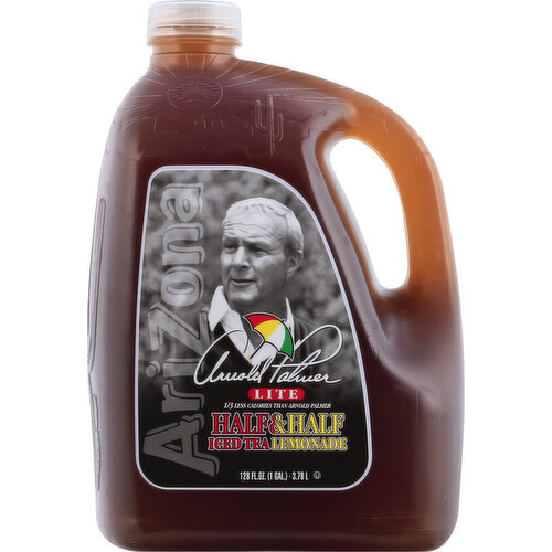 No artificial flavor. 1/3 less calories than Arnold Palmer. Per 12 oz. Serving: Arnold Palmer Lite: 80 calories. Arnold Palmer: 120 calories. Antiox: Vitamin C fortified. Seven major champion Arnold Palmer bids farewell from the Swilcan Bridge at the 1995 British open. An American company family owned & operated. No preservatives. No artificial color. drinkarizona.com. arnoldpalmer.com. Facebook. Instagram. Twitter. For more information about AriZona call 1-800-832-3775.