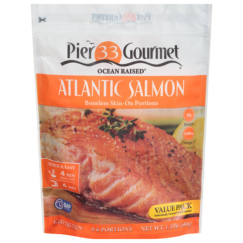Pier 33 Gourmet Ocean Raised Atlantic Salmon, Boneless, Skin-On Portions, Value Pack