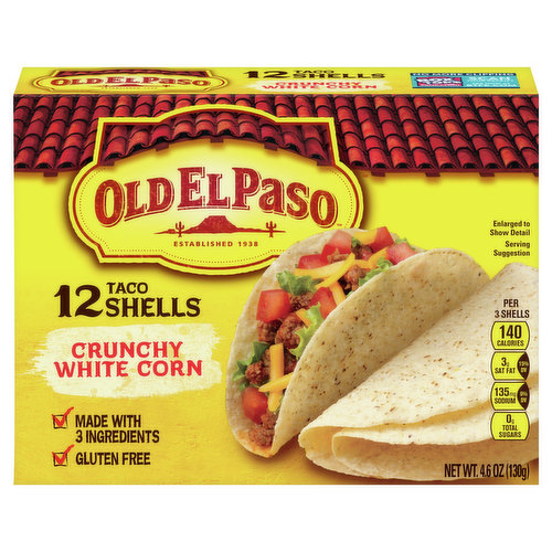 Per 3 Shells: 140 calories; 3 g sat fat (15% DV); 130 mg sodium (6% DV); 0 g total sugars. Gluten free. Produced with genetic engineering. Learn more at Ask.GeneralMills.com. Established 1938. Made with 3 ingredients. www.oldelpaso.com. how2recycle.info. Questions or comments? Call 1-800-300-8664 Mon-Fri 7:30 am - 5:30 pm CT information from the package will be helpful. Old El Paso Consumer Relations, PO Box 200, Minneapolis, MN 5540. For more recipes and inspiration visit us at: www.oldelpaso.com. Box Tops for Education: No more clipping. Scan your receipt. See how at btfe.com.
