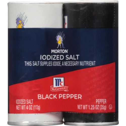 Iodized Salt: Net Wt 4 oz (113g). Pepper: Net Wt 1.25 oz (35g). Non-GMO. This salt supplies iodide, a necessary nutrient. Questions? Call 1-800-789-SALT (7258).