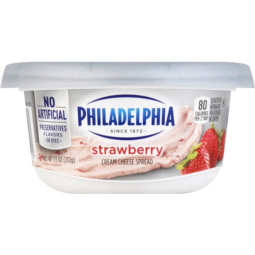 80 calories per 2 tbsp. See nutrition information for saturated fat content. Since 1872. No artificial preservatives; flavors or dyes. Red vine-ripened strawberries. Creamy & delicious. creamcheese.com. how2recycle.info.