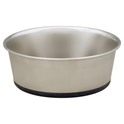 Holds up to 5-1/2 cups dry food. Original no-slip. Premium stainless steel. Easy to clean. Eliminates scratching, slipping, & noise. www.PetZoneBrand.com. Stainless steel bowl. Made in India.