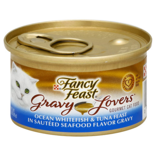 100% complete & balanced. For kittens & adult cats. Aluminum. Recyclable. Fancy Feast Gravy Lovers Ocean Whitefish & Tuna Feast in Sauteed Seafood Flavor Gravy is formulated to meet the nutritional levels established by the AAFCO Cat Food Nutrient Profiles for growth of kittens and maintenance of adult cats. Dolphin safe. Please recycle. Calorie content (calculated) 773 kcal/kg 66 kcal/can. An ideal pairing with Fancy Feast gourmet dry cat food. Purina.com. Printed in USA.