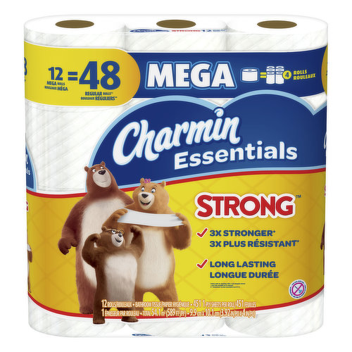 9.9 cm x 10.1 cm (3.92 in x 4 in). 451 1- ply sheets per roll. Total 54.1 m sq (589 sq ft). 12 Mega rolls = 48 regular rolls (Based on number of sheets on charmin regular roll). 3x Stronger (When wet vs. leading USA 1-ply bargain brand). Long lasting. Take strong to the next level! Charmin is safe for your sewer or septic system. Clog safe. Septic safe. Money back guarantee. www.pg.com. www.charmin.com. how2recycle.info. Facebook. Twitter. Join the conversation with Charmin and don't forget to enjoy the go! Questions? 1-800-777-1410; www.charmin.com. Try charmin ultra strong! FSC: Mix - Paper from responsible sources. www.fsc.org. Rainforest Alliance Certified. Made in the USA from domestic and imported materials.