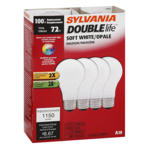 Light Bulbs, Halogen, Double Life, Soft White, 72 Watts