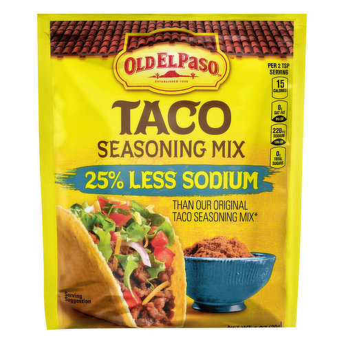Per 2 Tsp Serving: 15 calories; 0 g sat fat (0% DV); 220 mg sodium (10% DV); 0 g total sugars. 25% less sodium than our original taco seasoning mix (Sodium reduced from 300 mg to 220 mg per serving). Contains bioengineered food ingredients. Learn more at ask.generalmills.com. Established 1938. www.oldelpaso.com. how2recycle.info. Visit us at www.oldelpaso. Questions or comments? Call 1-800-300-8664 information from the package will be helpful. Try our other varieties! Seasoning Mix Chicken Taco. Seasoning Mix Hot & Spicy Taco.