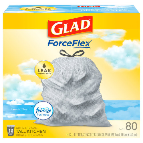 Glad ForceFlex Tall Kitchen Bags, Drawstring, Fresh Clean, 13 Gallon