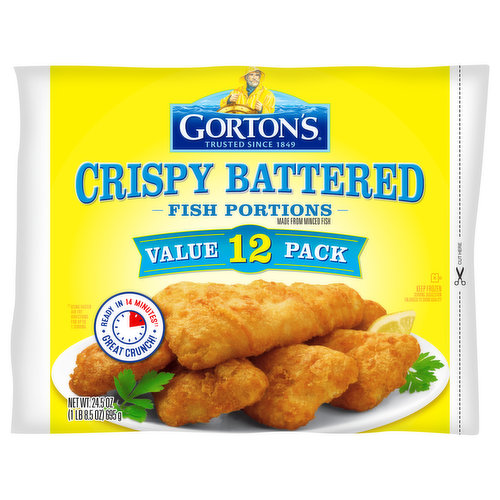 Trusted since 1849. Ready in 14 minutes (Using faster air fry directions for up to 1 serving). Great crunch! Quality You Can Trust: 100% Real Fish: Wild-caught Pollock, a mild, flaky white fish. Real Simple: No fillers, no artificial colors or flavors, no preservatives or hydrogenated oils, and tested mercury safe (Gorton's tests to ensure strict compliance with both Gorton's and Government quality and safety standards, including those for mercury). Real delicious! - The Gorton's Fisherman. Trusted Catch. Sourced. Made. Package responsibly. Real fish, quality ingredients. 100% wild -caught pollock. Batter coating. Vegetable oil. Learn more at gortons.com/sustainability.