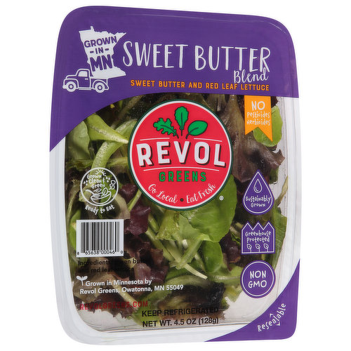 Sweet butter and red leaf lettuce. Non GMO. Go local eat fresh. Grown clean & green. Ready to eat.  revolgreens.com. Resealable. No pesticides; herbicides. Sustainably grown. Greenhouse protected. Grown in MN. Grown in Minnesota.
