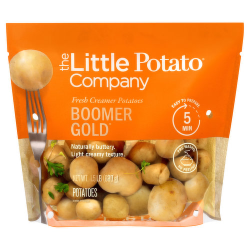 Naturally buttery. Light creamy texture. 70 calories (per 110 g serving). Good source of potassium. Easy to Prepare: 5 min. Pre washed. No peeling. Since 1996, we have harvested our special creamer potato varieties that are at their nutritional best, richest in flavor and texture. As a mother, I promise to provide delightful, easy food that you will feel good to share with others. - Angela Santiago, Co-Founder and CEO. 4 cups of vegetables per bag. LittlePotatoes.com. Facebook. Twitter. Instagram. Pinterest. YouTube. For recipes like this go to: littlepotatoes.com/recipes.