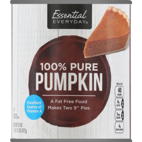 Per 1/2 Cup: 40 calories; 0 g sat fat (0% DV); 5 mg sodium (0% DV); 4 g total sugars. A fat free food. Gluten free. Excellent source of Vitamin A. Makes 9 in pies. 100% Quality Guaranteed: Like it or let us make it right. That's our quality promise. essentialeveryday.com. For additional recipes, visit www.essentialeveryday.com. Steel. Please recycle.