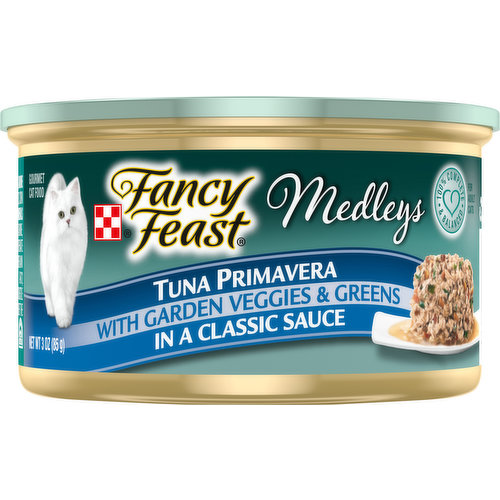 Calorie Content (calculated): 759 kcal/kg; 65 kcal/can. Fancy Feast Medleys Tuna Primavera is formulated to meet the nutritional levels established by the AAFCO Cat Food Nutrient Profiles for maintenance of adult cats. Tuna primavera with garden veggies & greens in a classic sauce. 100% complete & balanced. For adult cats. Purina.com. Every ingredient has a purpose. FancyFeast.com/Ingredients. Dolphin safe. Please recycle.