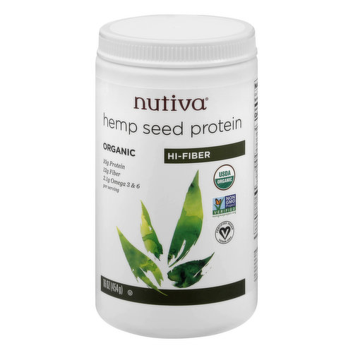 10 g protein, 12 g fiber, 2.1 omega 3 & 6 per serving. USDA Organic. Certified Vegan. vegan.org. Certified Organic by QAI. Non GMO Project verified. nongmoproject.org. Amino Acid Profile (per Serving): Alanine (0.4 g), Arginine (1.8 g), Aspartic Acid (1.3 g), Cysteine (0.2 g), Glutamic Acid (2.1 g), Glycine (0.4 g), (Essential Amino Acids) Histidine (0.4 g), (Branched-Chain Amino Acids) (Essential Amino Acids) Isoleucine (0.4 g), (Branched-Chain Amino Acids) (Essential Amino Acids) Leucine (0.6 g), (Essential Amino Acids) Lysine (0.3 g), (Essential Amino Acids) Methioinine (0.2 g), (Essential Amino Acids) Phenylalanine (0.4 g), Proline (0.5 g), Serine (0.6 g), (Essential Amino Acids) Threonine (0.5 g), (Essential Amino Acids) Tryptophan (0.1 g), Tyrosine (0.3 g), (Branched-Chain Amino Acids) (Essential Amino Acids) Valine (0.5 g). Nutiva’s organic Hemp seed protein is one of nature’s greatest and most sustainable foods. Rich in plant protein, fiber, magnesium, iron and zinc, it contains all nine of the essential amino acids that are vital for good health and easy to digest. Why Hemp Seed Protein Is Ideal: Hemp seed protein is a naturally occurring complete protein source: 66% of the protein is edestin (a bioactive globulin protein that's easy to digest). It is also an abundant source of Omega 3 & 6 that serves to balance your diet, and a fantastic way to up your fiber intake. Sustainable Process: Our hemp seed protein is made from raw hemp seed and gently cold-pressed without the use of hexane, preservatives, additives or added sugar, which keeps the purity and integrity of the nutrients. Want more protein? Try our great tasting Hemp Seed Protein 15g containing 15 grams of protein per serving. Made without soy, dairy, lactose or sweeteners. nutiva.com. Find other delicious recipes at nutiva.com. Also try our organic Chocolate and Vanilla Hemp Seed Proteins and Plant Proteins. For delicious recipes, visit nutiva.com. Please recycle. Non BPA. 1% of Sales go to regenerative agriculture. Product of Canada.