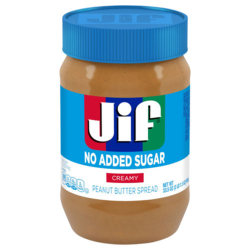 Jif No Added Sugar* Creamy Peanut Butter Spread, 33.5 oz. - Smooth, Creamy Texture, No Stir Peanut Butter Spread