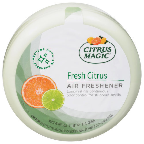 Absorb odors. Freshens air. Long-lasting, continuous odor control for stubborn smells. Experience the magic! of our unique odor eliminating formula that quickly absorbs unpleasant odors, while freshening the air, Citrus Magic air fresheners continuously remove stubborn household smells found in troublesome areas like the bathroom, pet areas, closets, and more. Easily place the container in locations around the home and enjoy the lasting effervescent notes of a sweet, citrus medley. Long lasting. Continuous control. Absorbs odors.